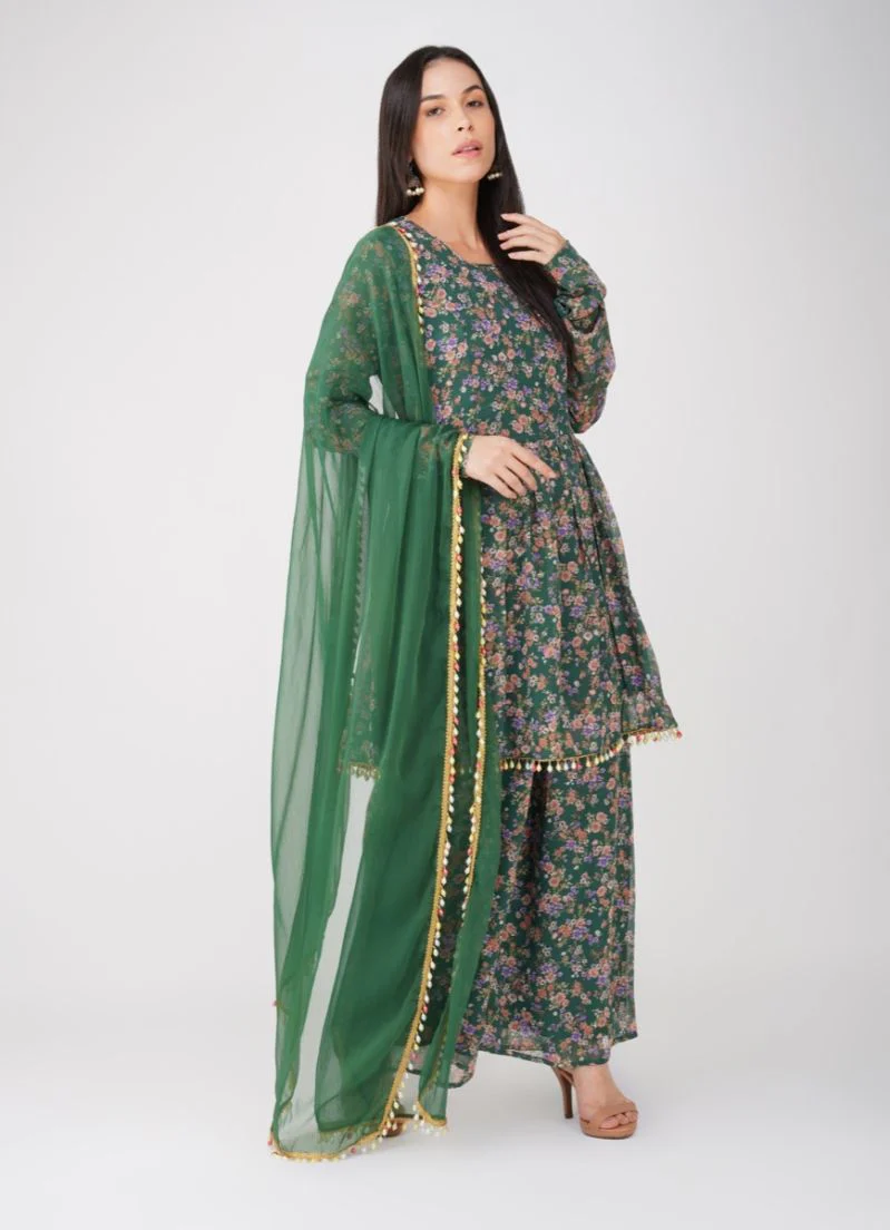 Green Georgette Print On Print Suit - Image 3