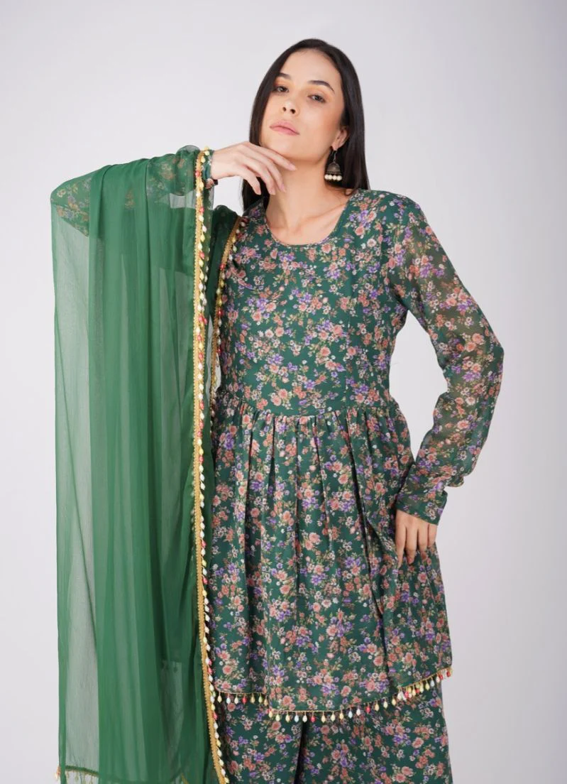 Green Georgette Print On Print Suit - Image 4