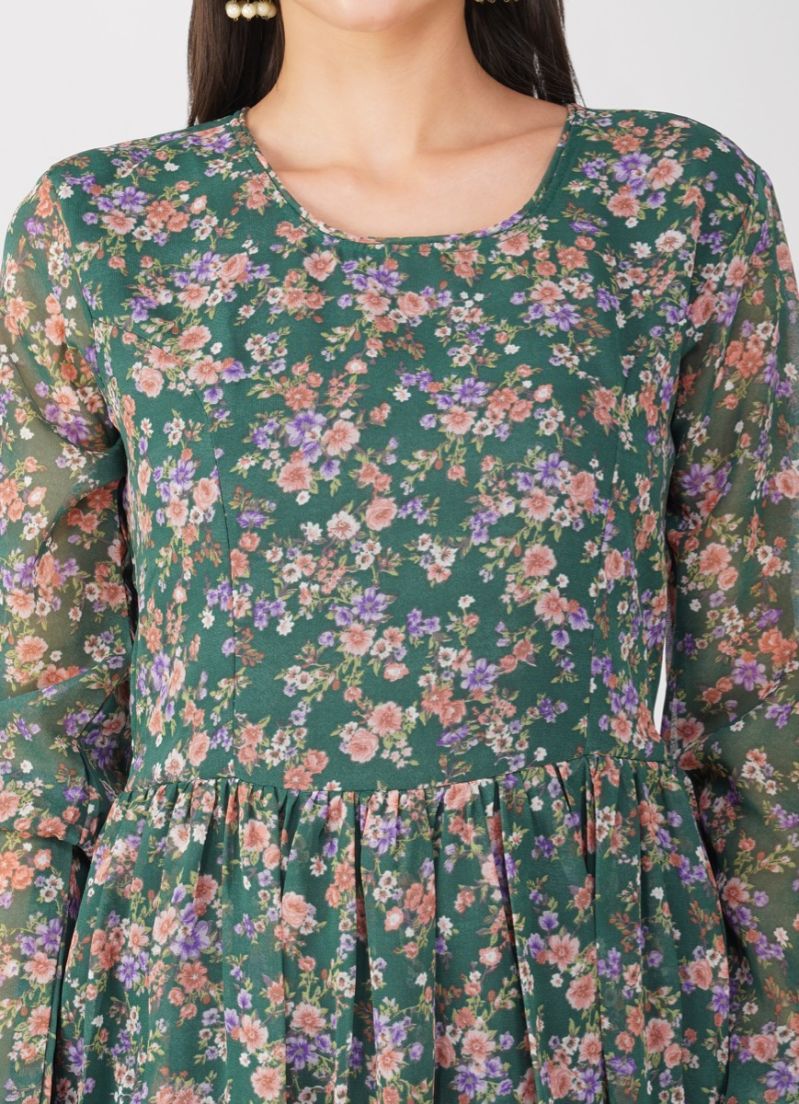 Green Georgette Print On Print Suit - Image 5