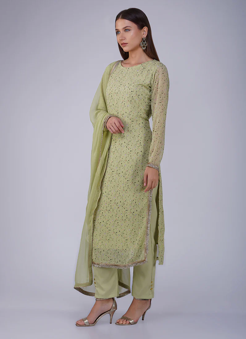 Green Georgette Straight Cut Trouser Suit - Image 2