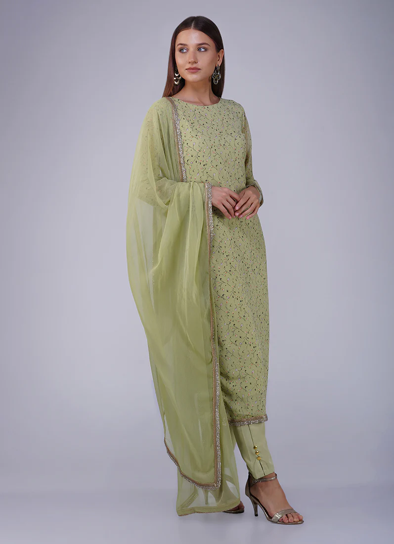 Green Georgette Straight Cut Trouser Suit - Image 3