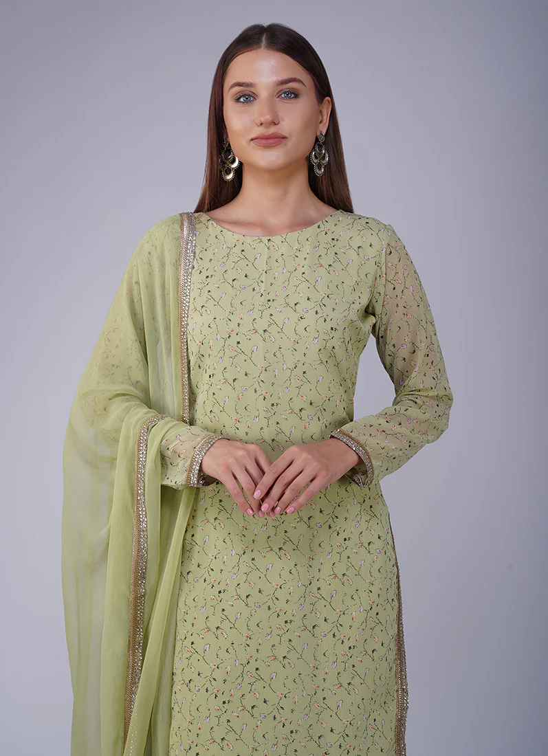 Green Georgette Straight Cut Trouser Suit - Image 4