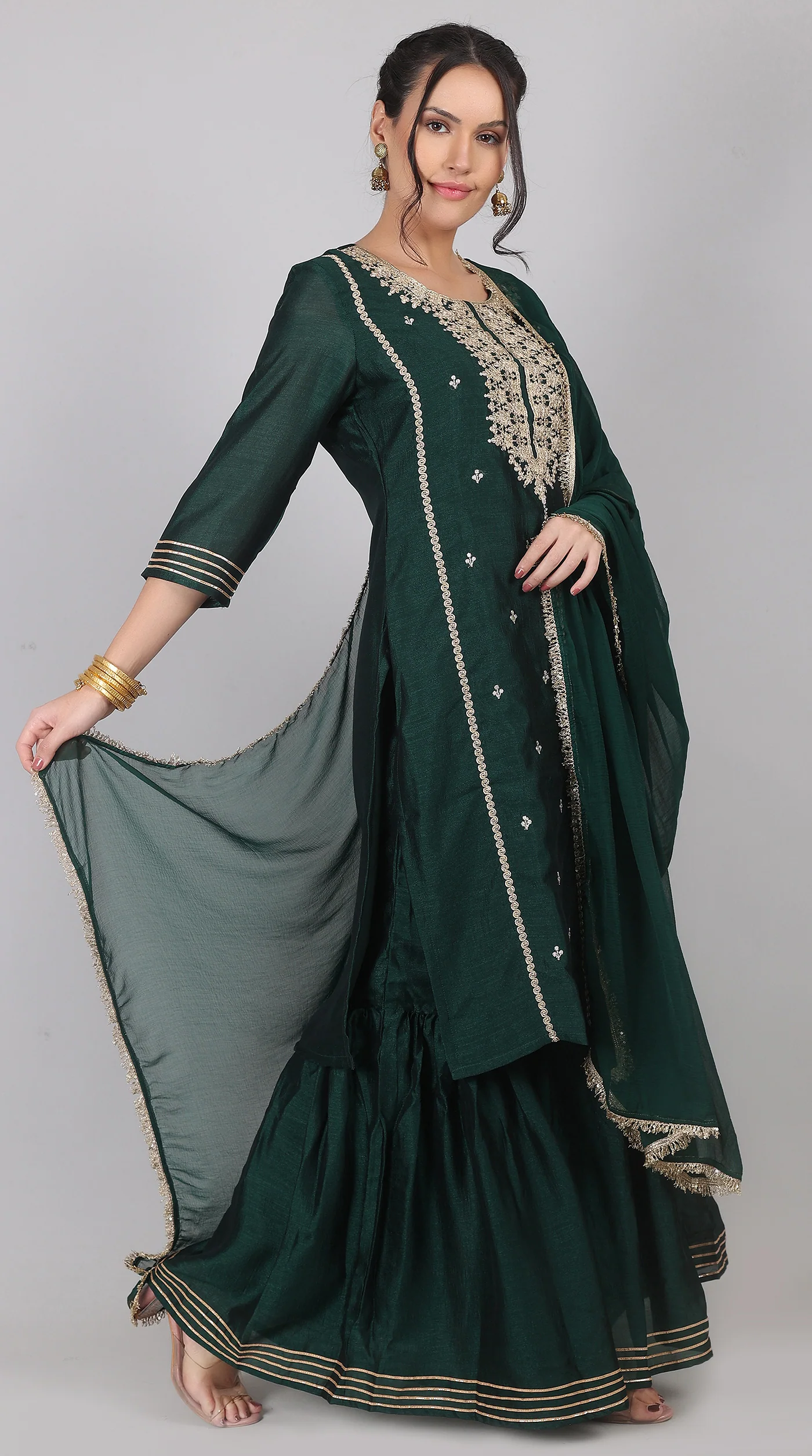 Green Georgette Vichitra Zari Embroidered Gharara Set with Dupatta - Image 2