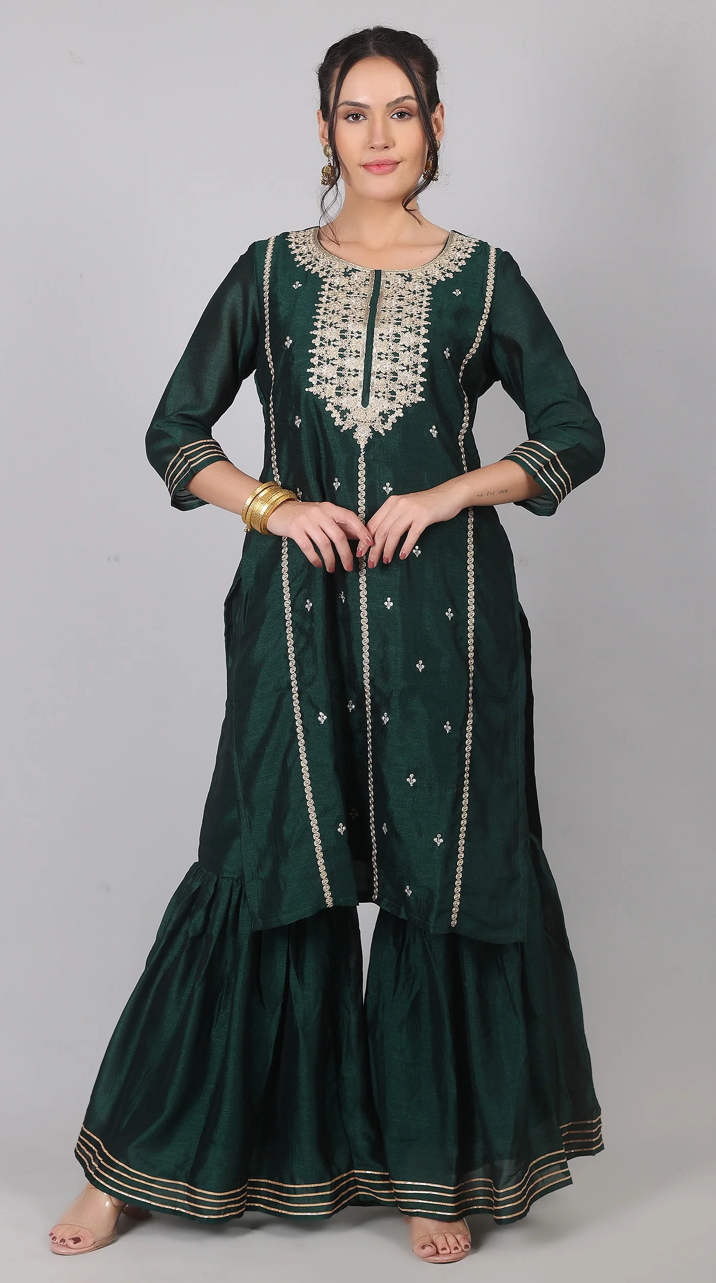 Green Georgette Vichitra Zari Embroidered Gharara Set with Dupatta - Image 3