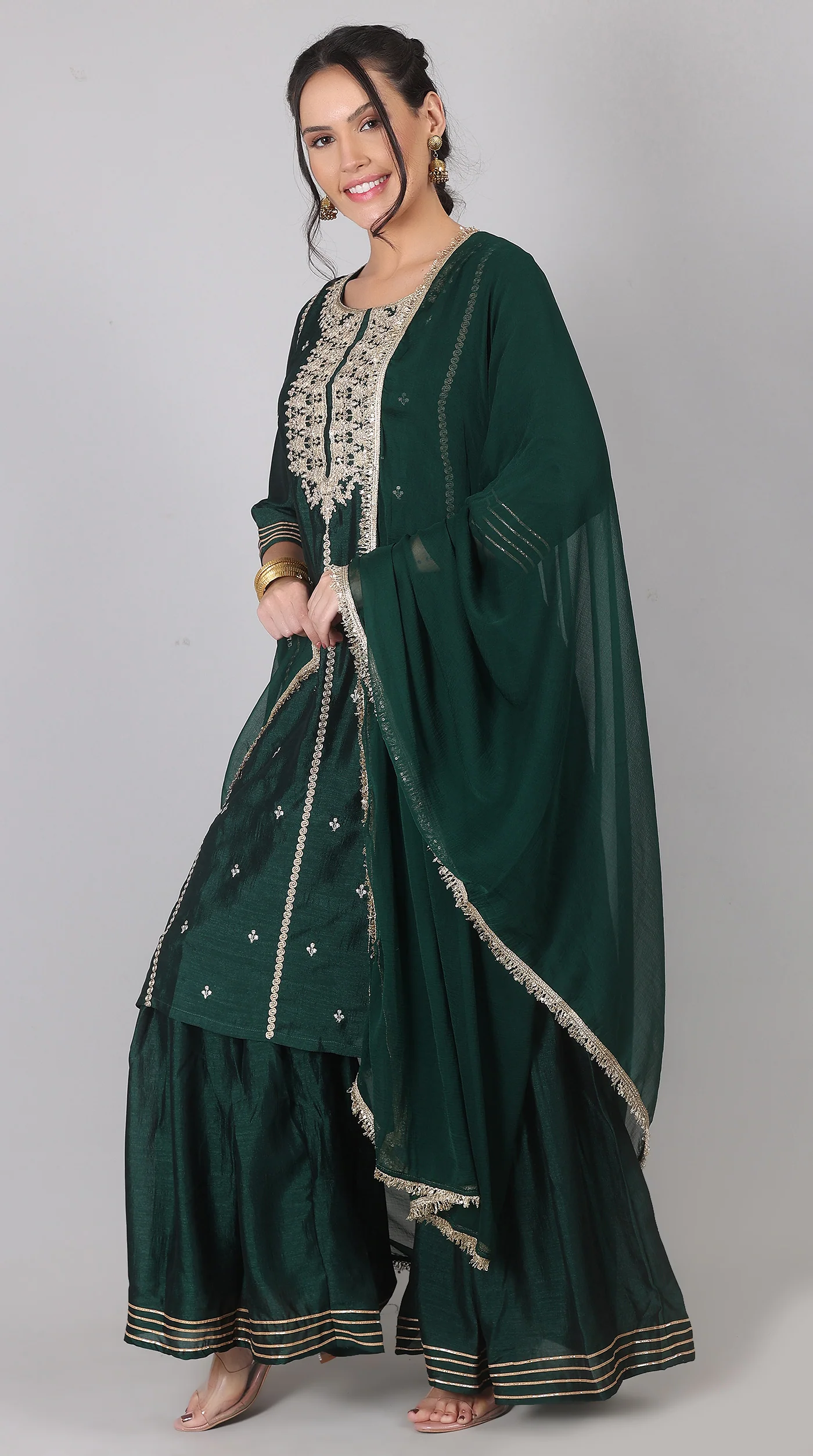 Green Georgette Vichitra Zari Embroidered Gharara Set with Dupatta - Image 5
