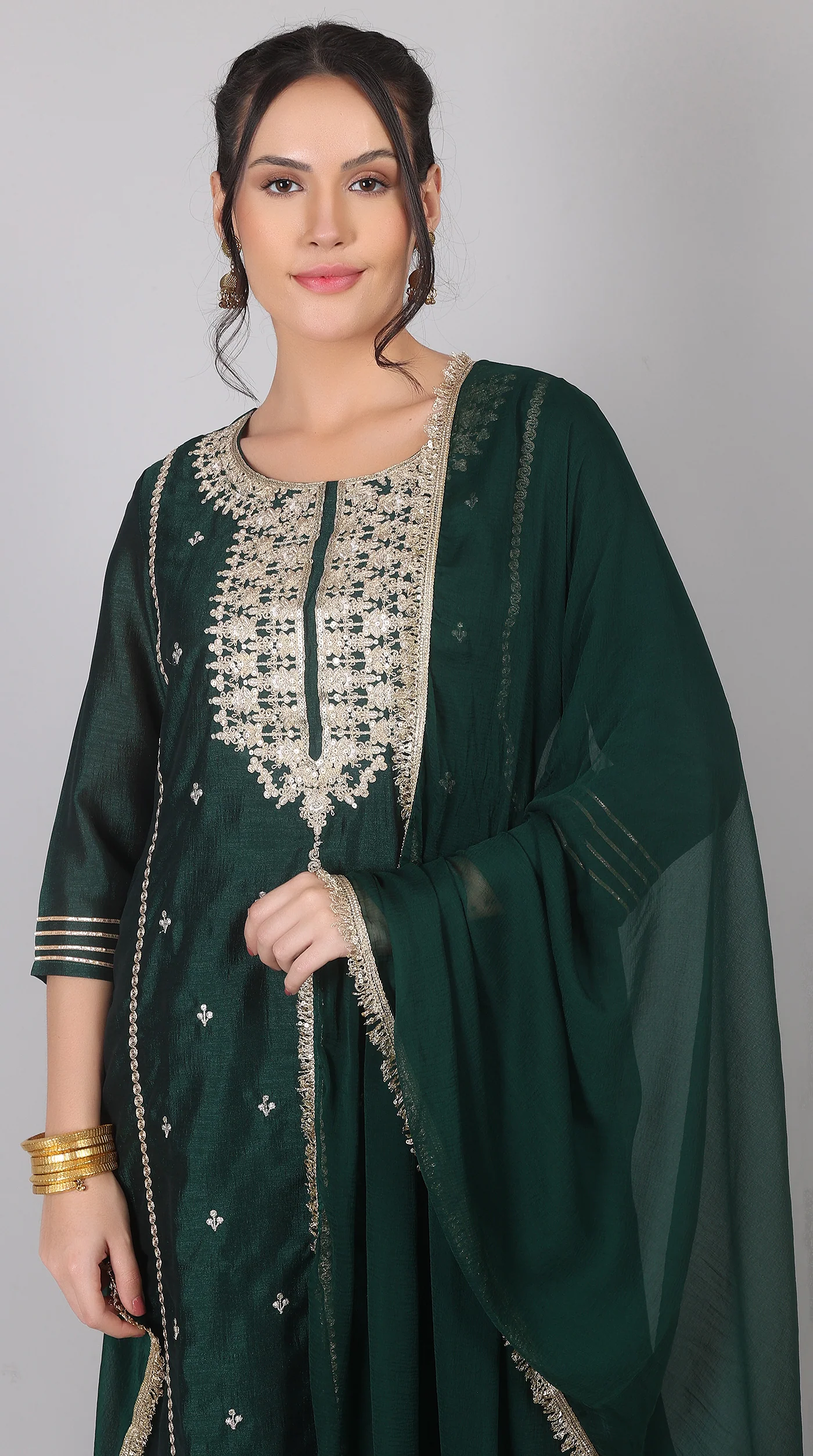 Green Georgette Vichitra Zari Embroidered Gharara Set with Dupatta - Image 6