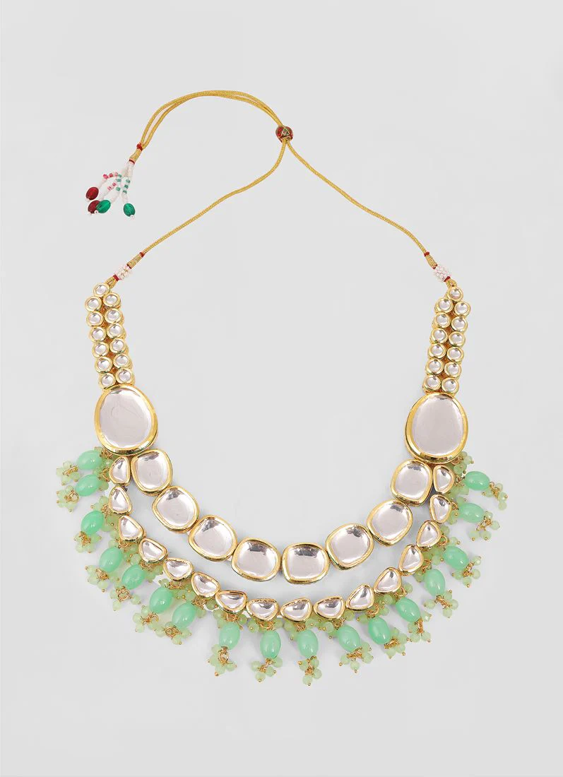 Green large Mirror Kundan Necklace Set - Image 2