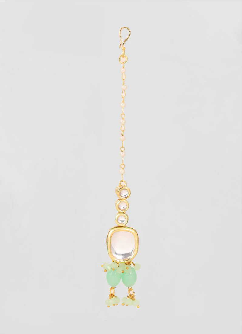 Green large Mirror Kundan Necklace Set - Image 4