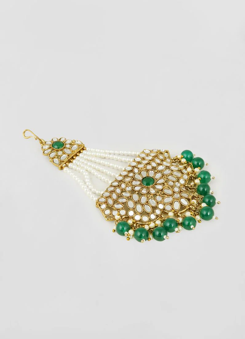 Emerald Mirror Antique Gold Passa with Green Beads - Image 3