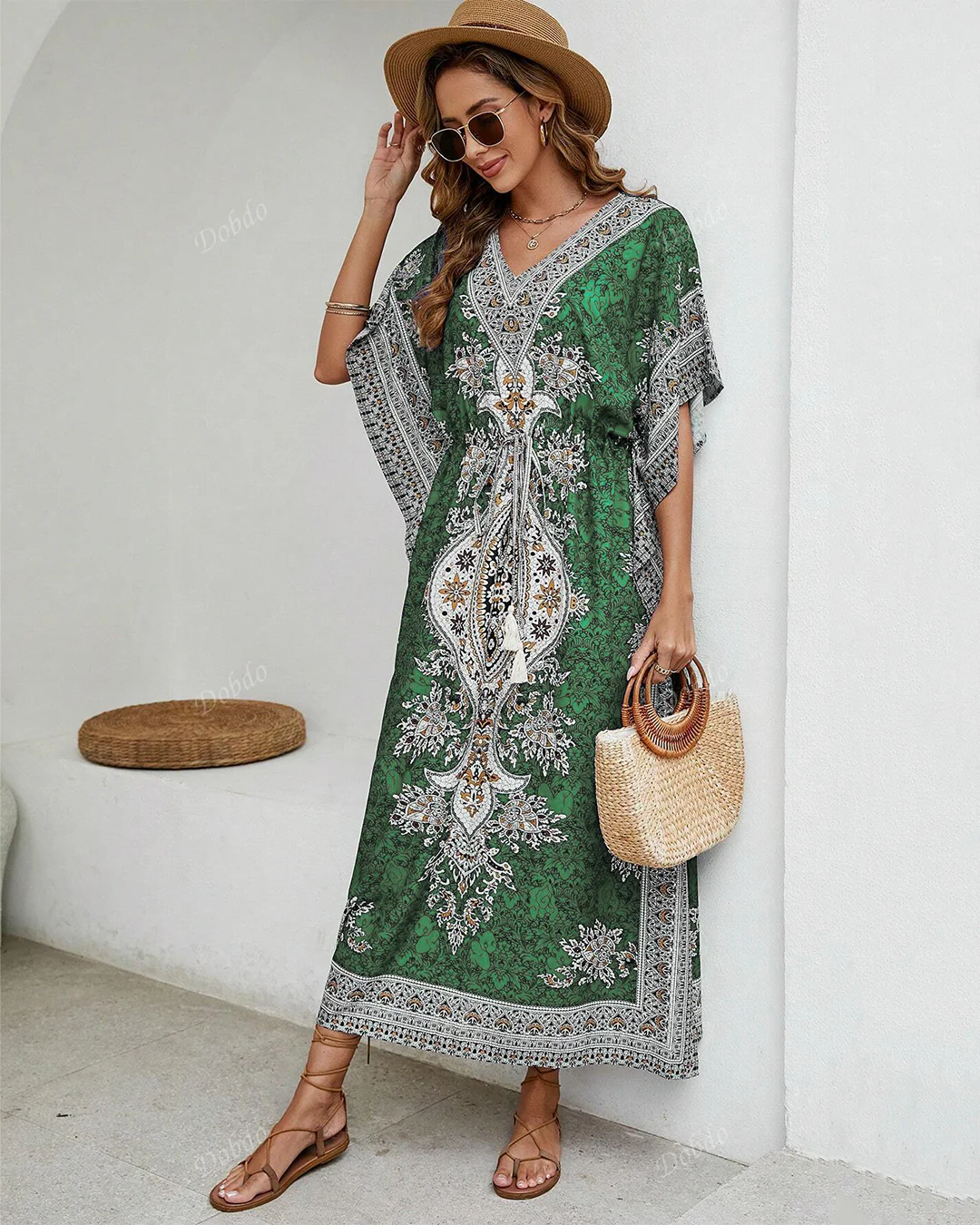 Green Printed Viscose Kaftan One Size - Image 2