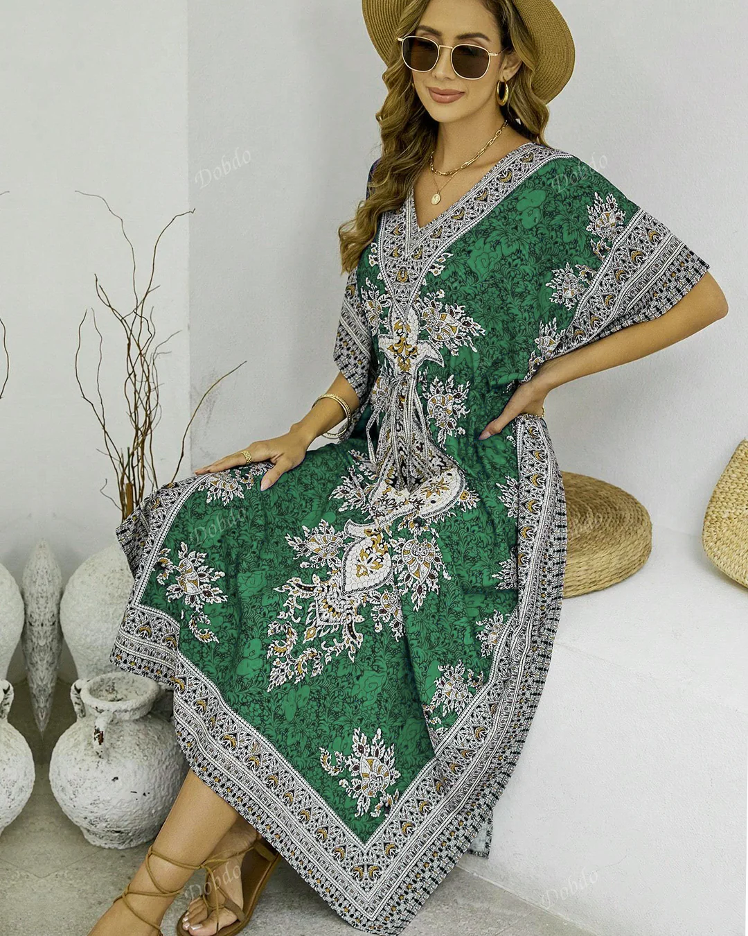 Green Printed Viscose Kaftan One Size - Image 3