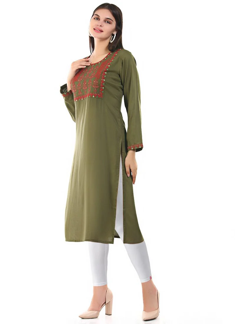 Green Rayon Kurti Embroidery Top - Image 3