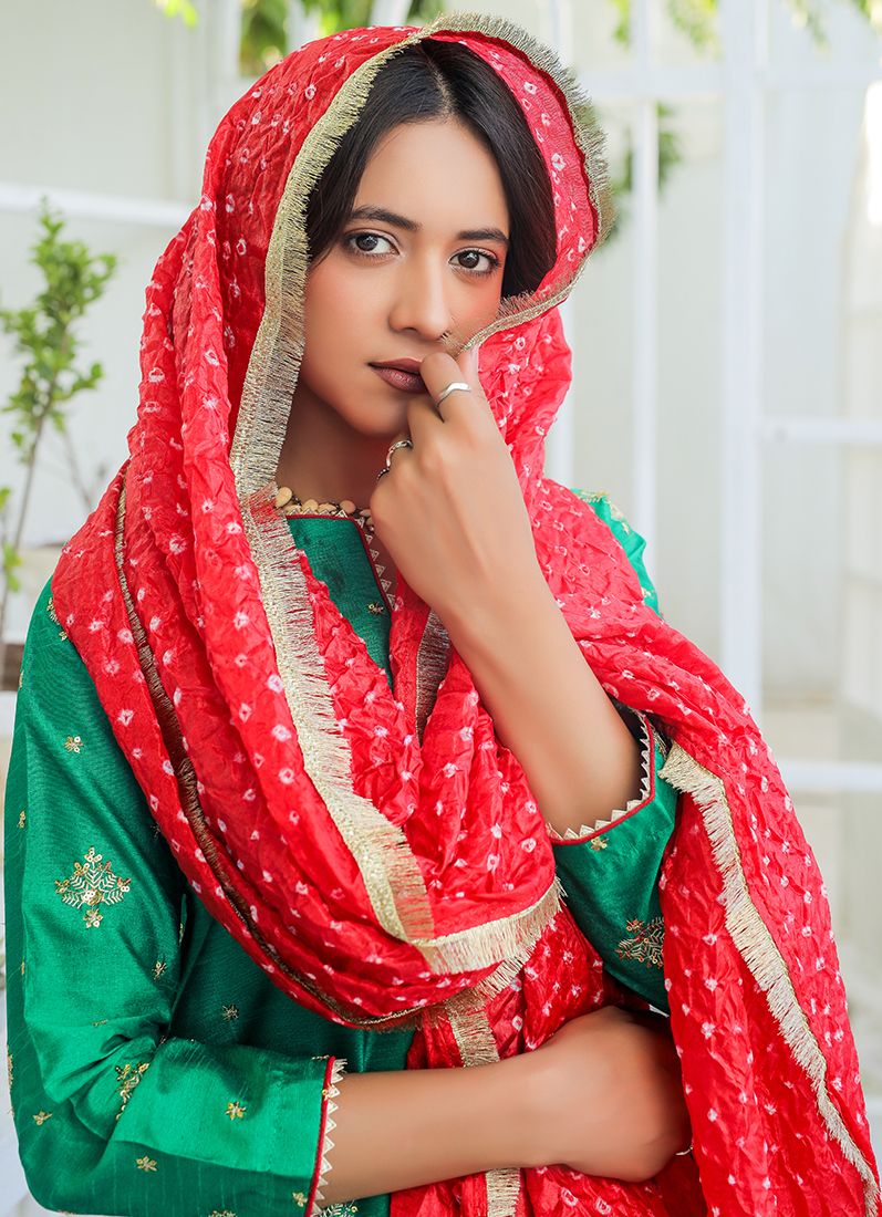 Green Red Raw Silk Suit Set - Image 3