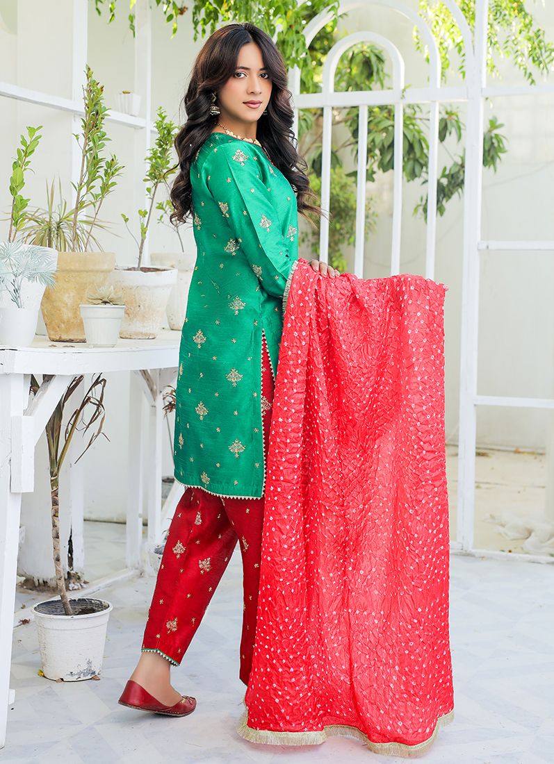 Green Red Raw Silk Suit Set - Image 4