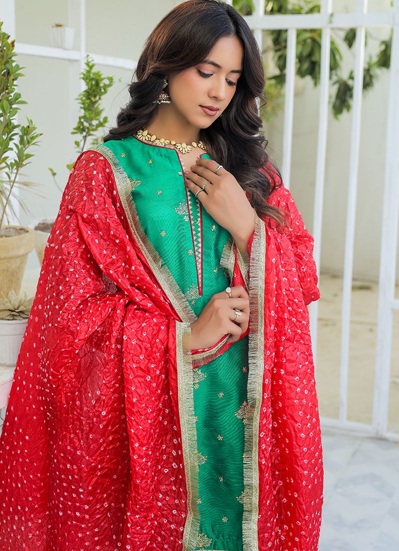 Green Red Raw Silk Suit Set - Image 5