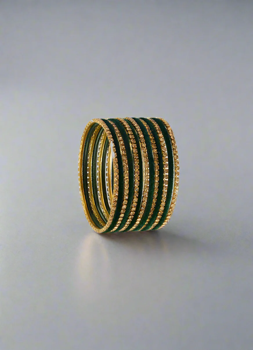 Green Velvet & Diamante Kids Bangle Sets - Image 2