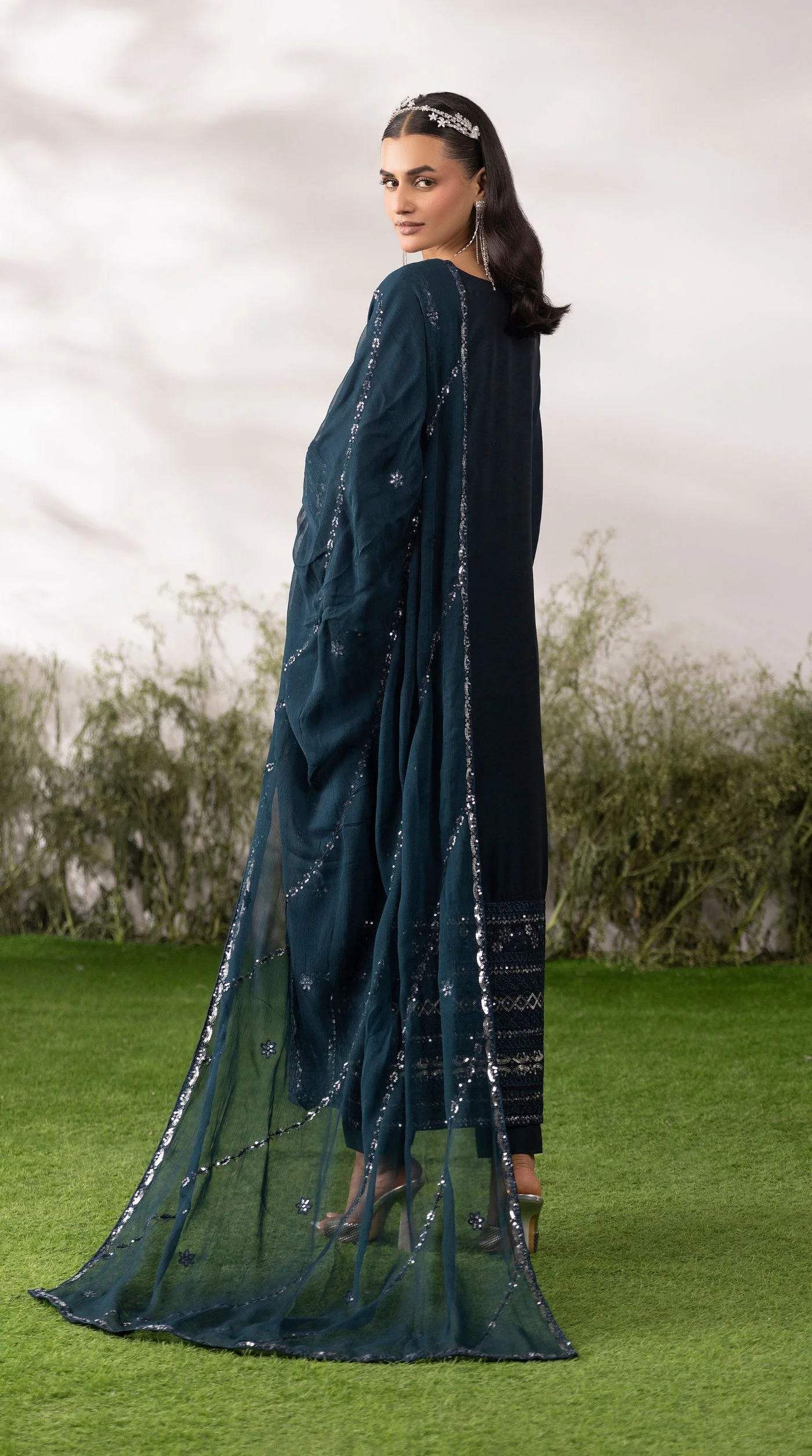 Green Viscose Sequin Embroidered Kurta Palazzo Set - Image 3