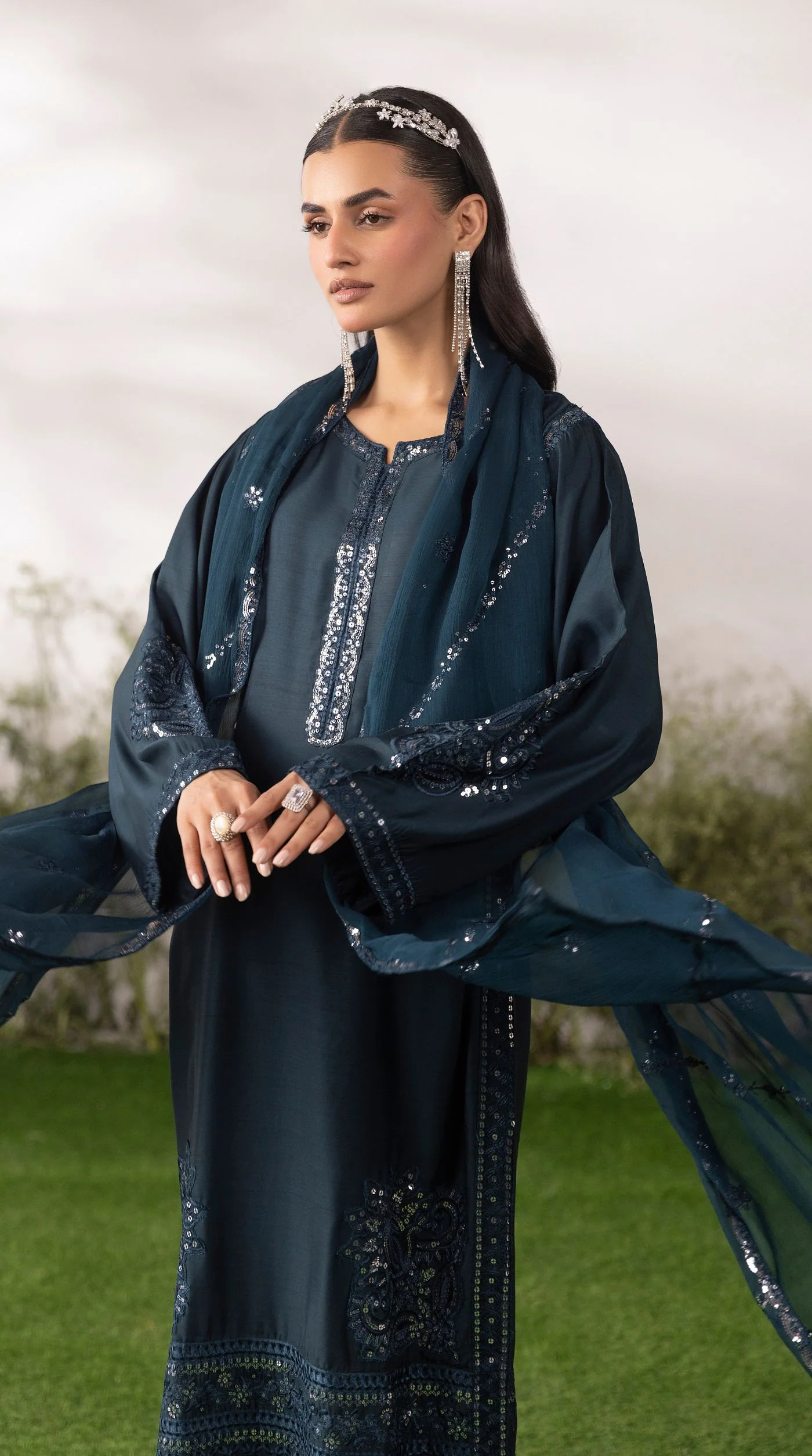 Green Viscose Sequin Embroidered Kurta Palazzo Set - Image 4