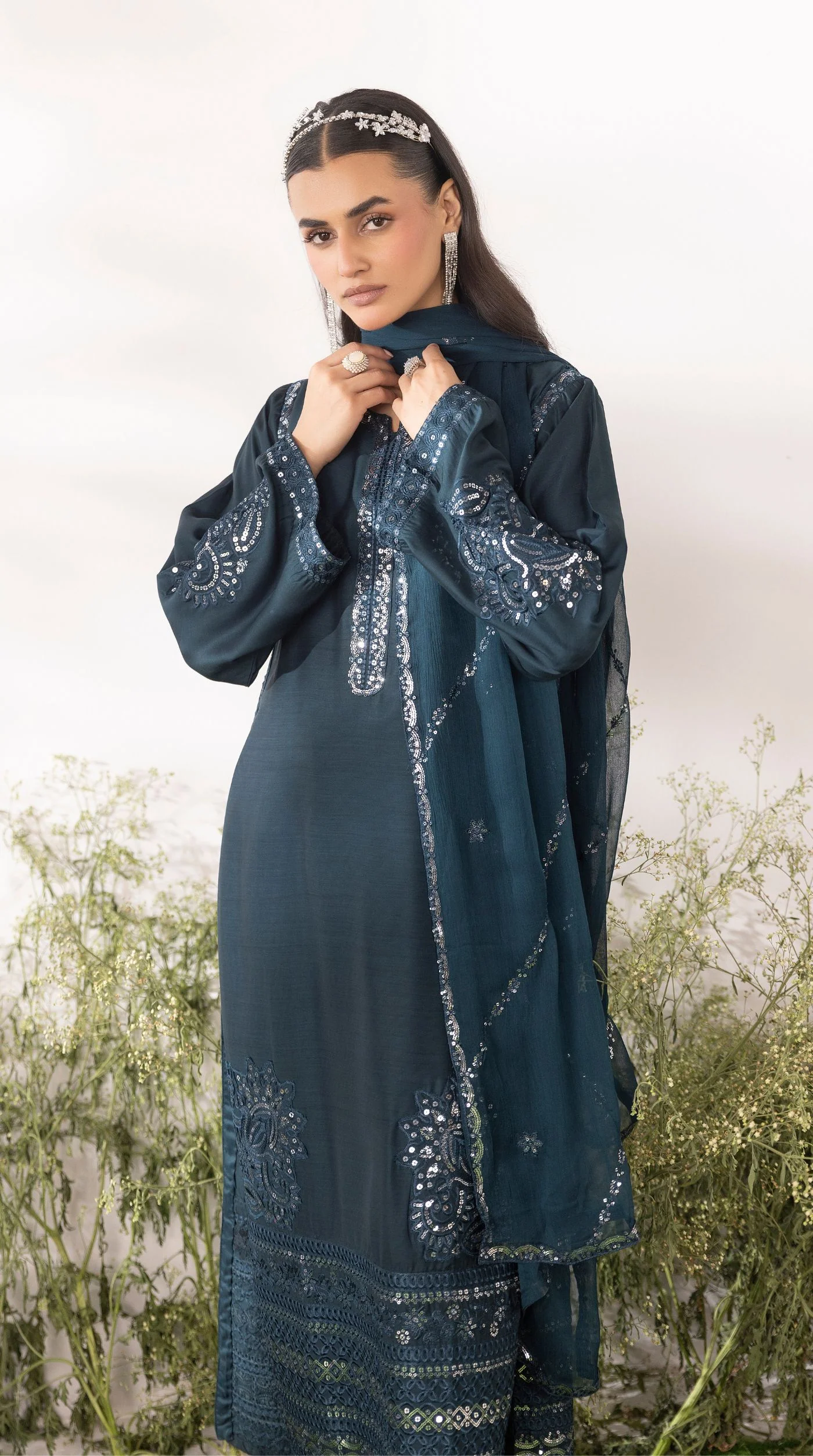 Green Viscose Sequin Embroidered Kurta Palazzo Set - Image 5