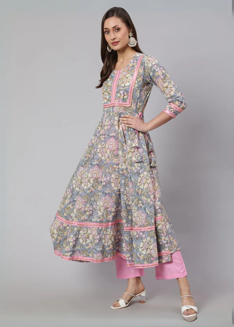 Grey Bias Cut Printed Suit Set - Image 2
