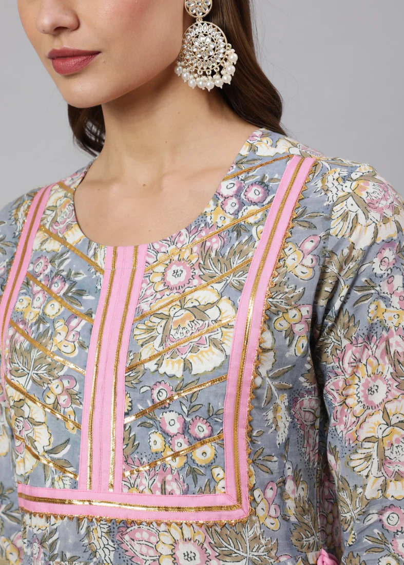 Grey Bias Cut Printed Suit Set - Image 3