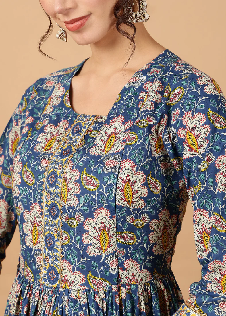 Blue Cotton Printed Bias Cut Dress - Image 2