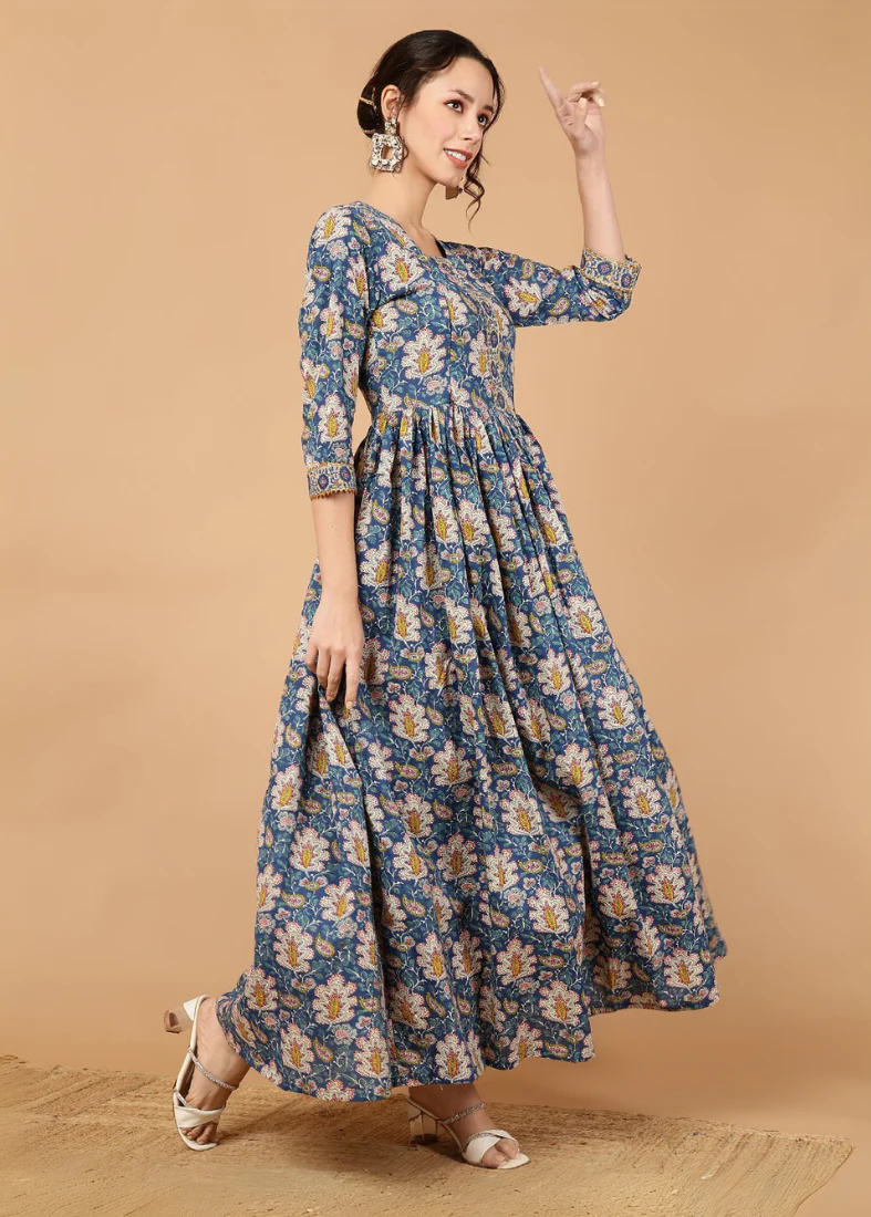 Blue Cotton Printed Bias Cut Dress - Image 3