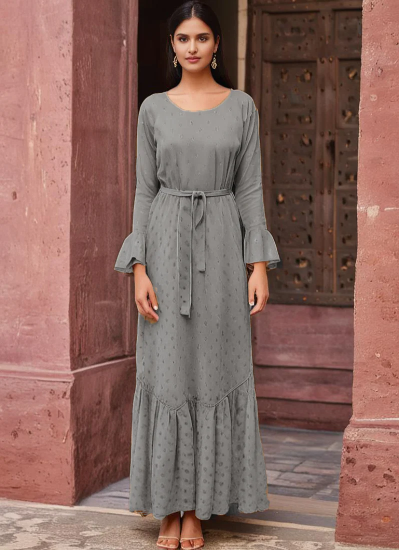 Grey  Chic Maxi Dress with Belt - Image 2