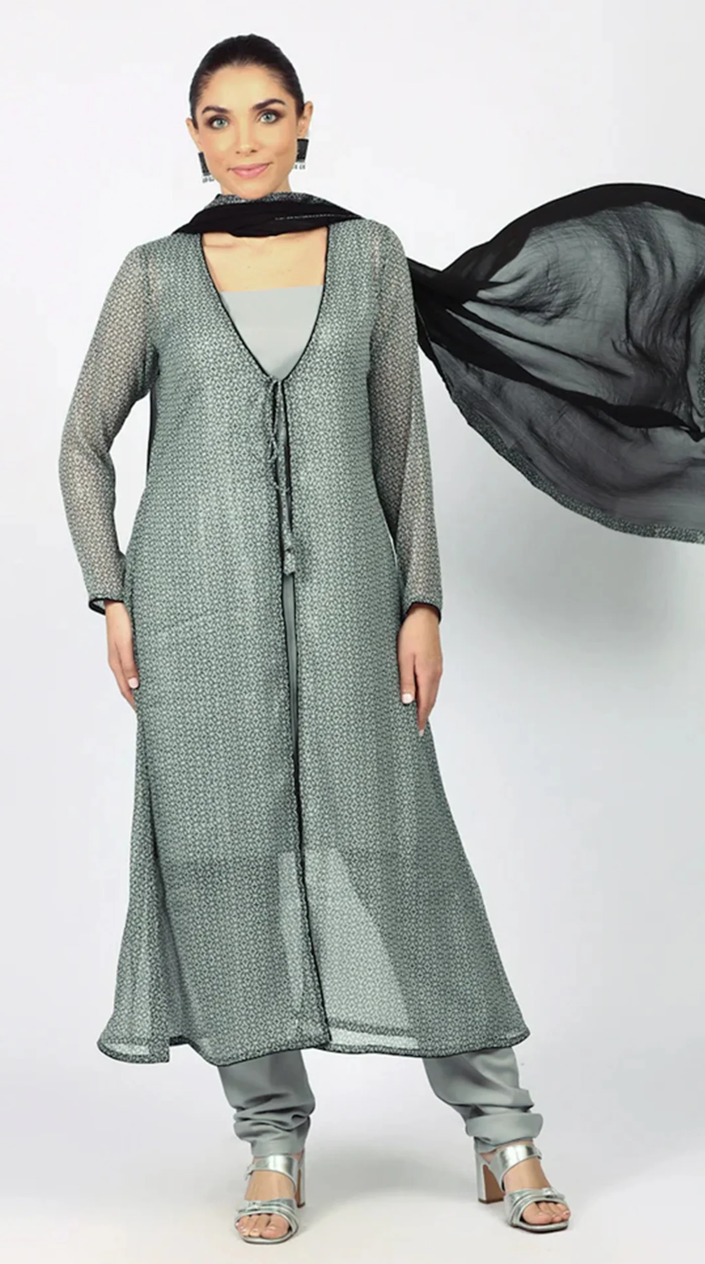 Grey Chiffion Printed Jacket Style Suit Set - Image 2