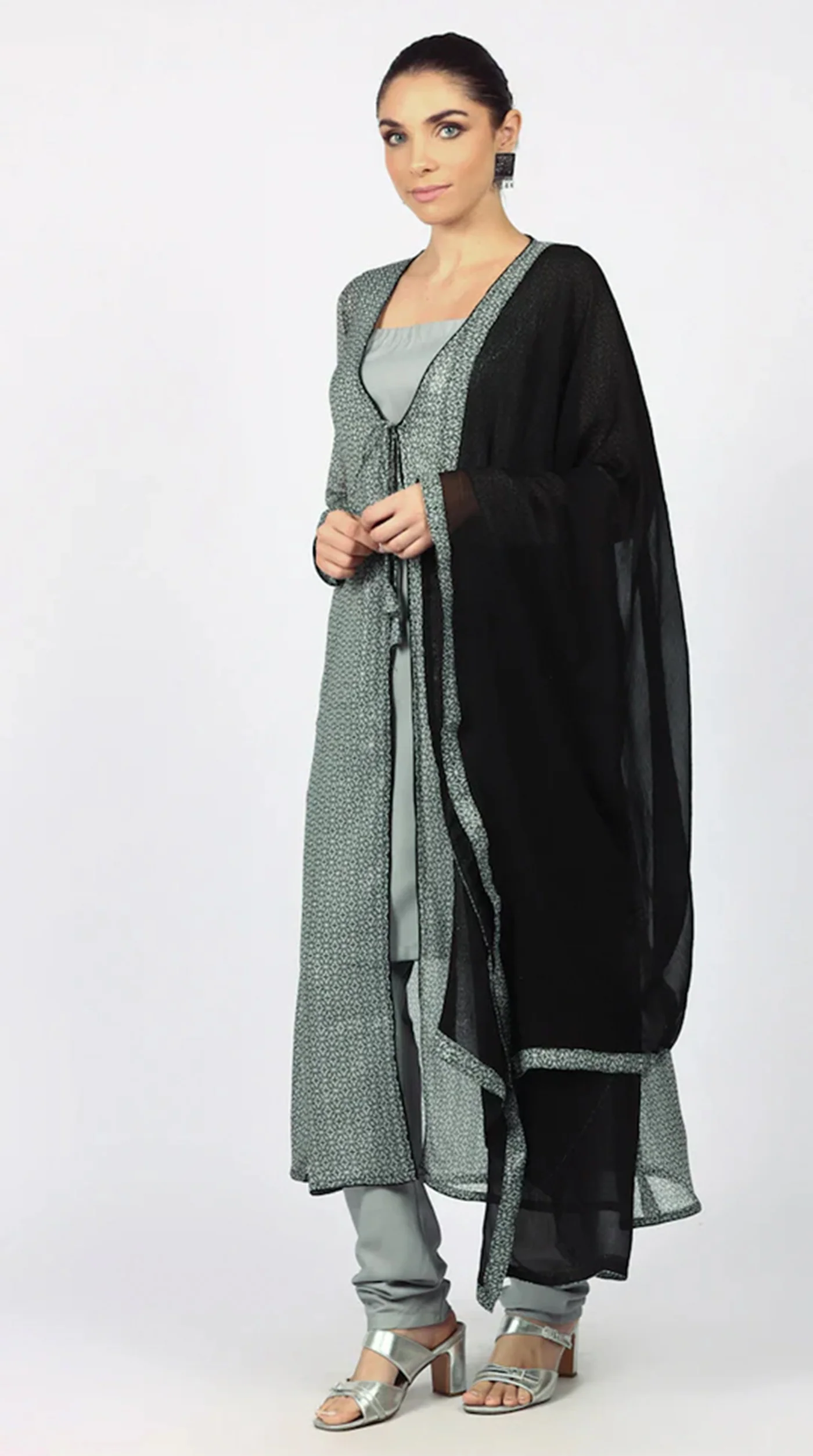 Grey Chiffion Printed Jacket Style Suit Set - Image 3