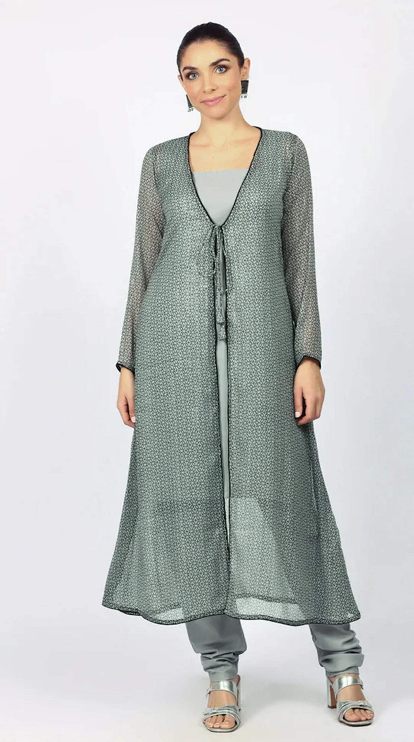 Grey Chiffion Printed Jacket Style Suit Set - Image 5