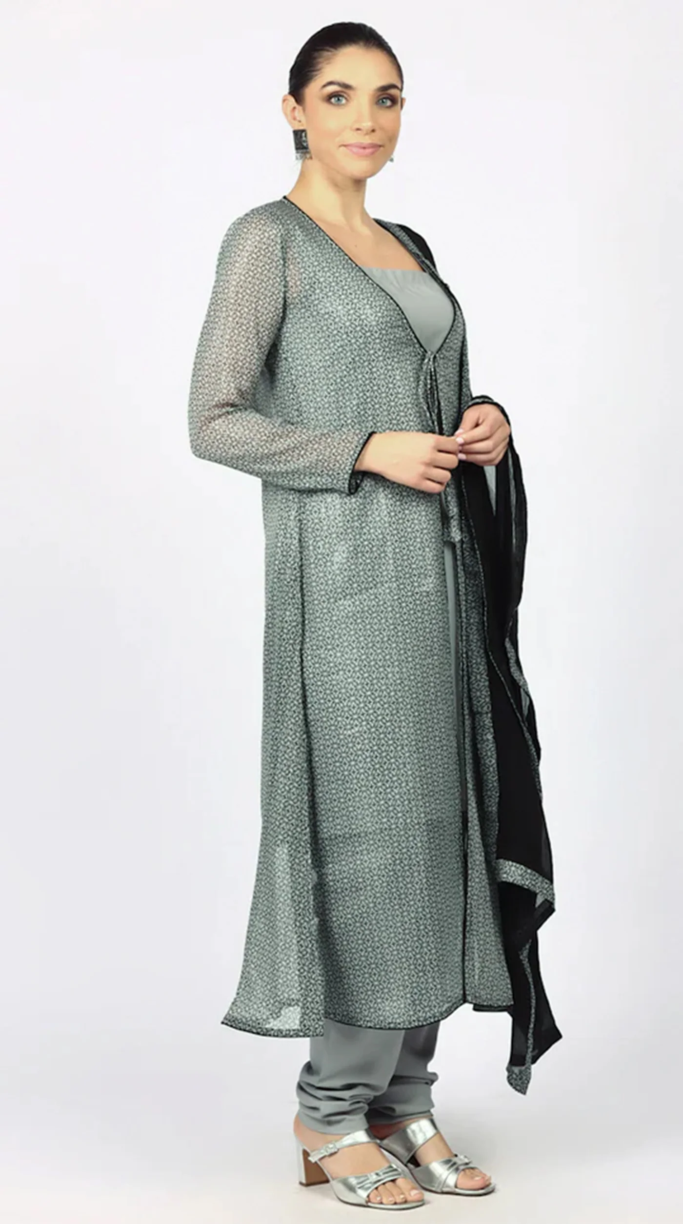 Grey Chiffion Printed Jacket Style Suit Set - Image 6