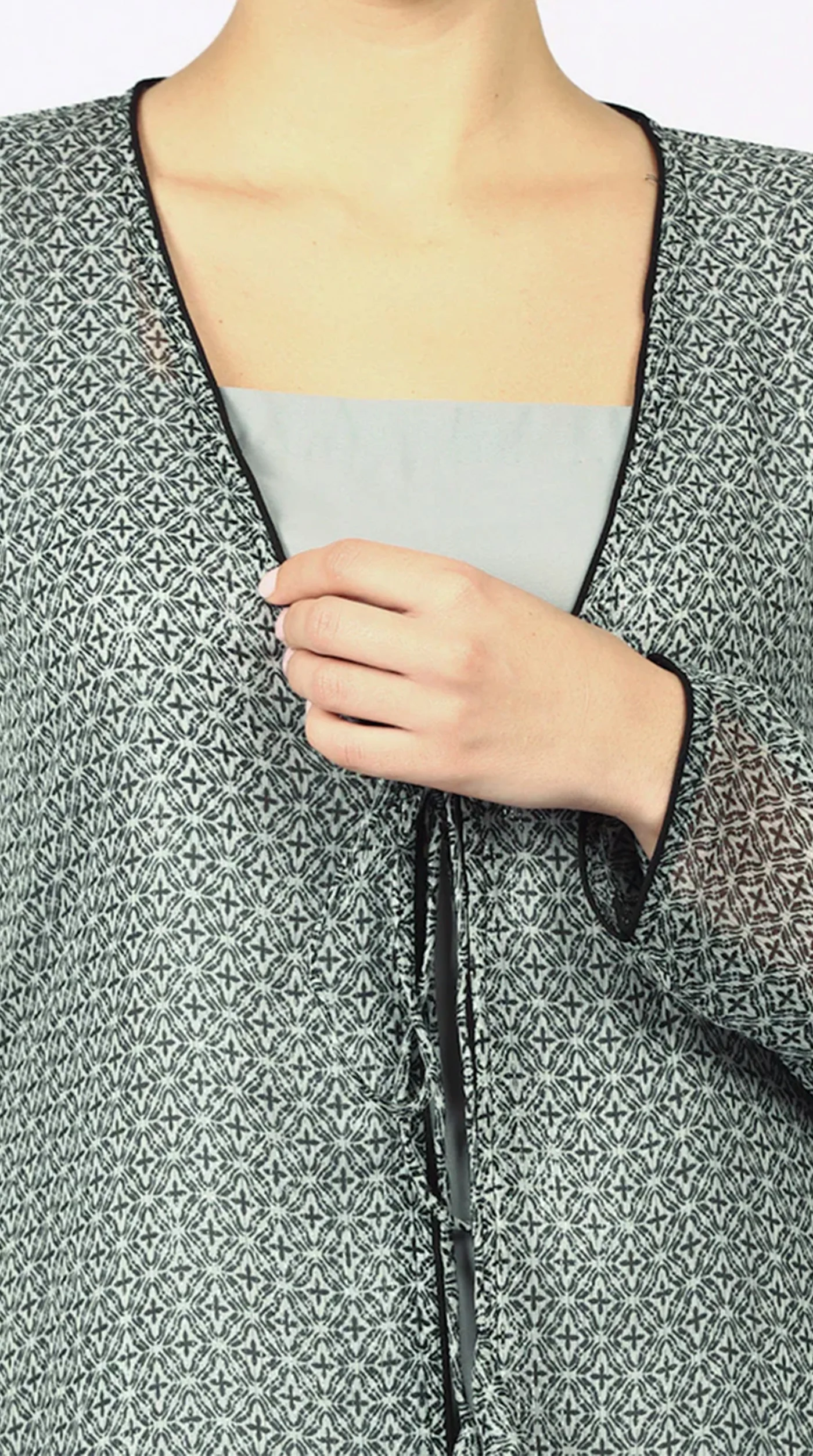 Grey Chiffion Printed Jacket Style Suit Set - Image 7