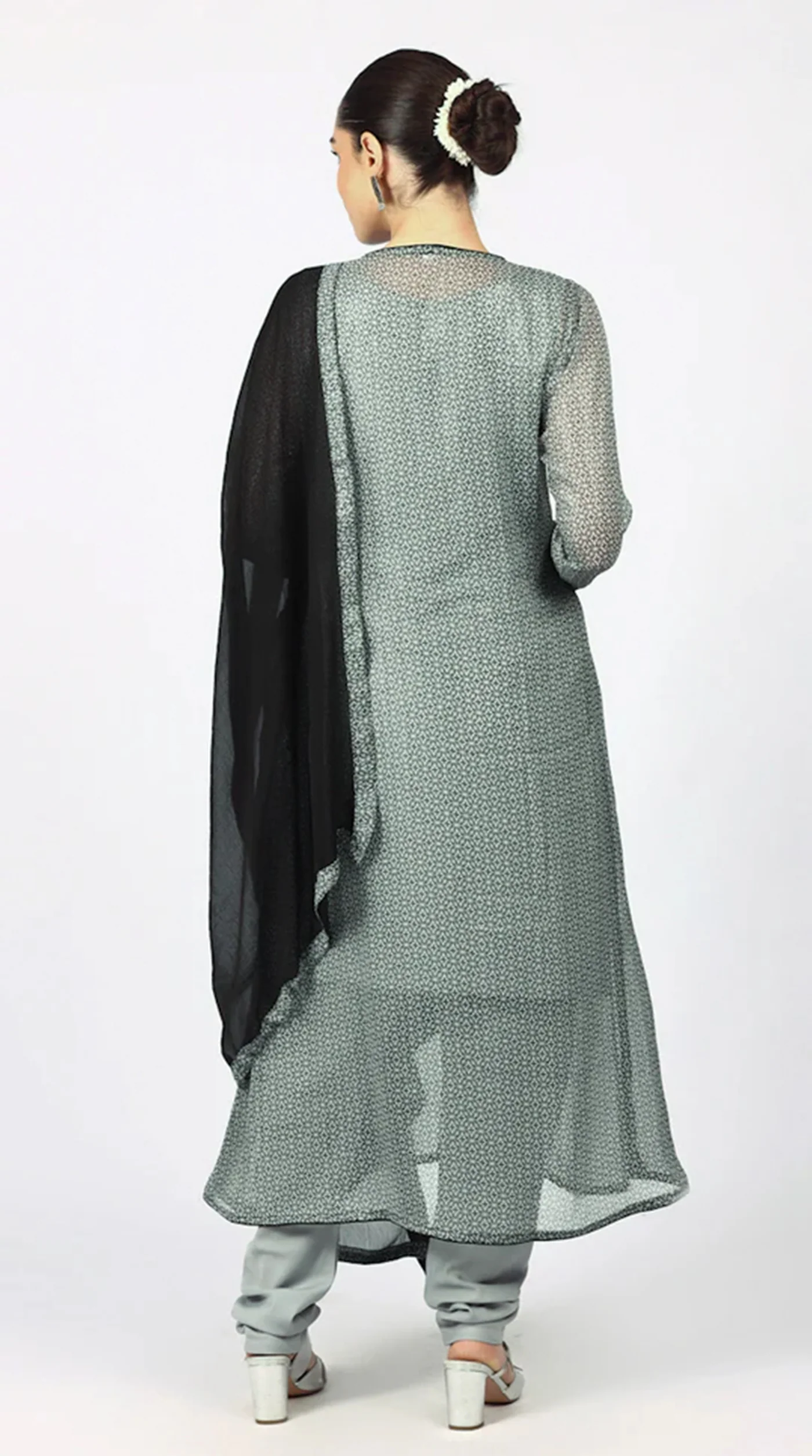 Grey Chiffion Printed Jacket Style Suit Set - Image 8