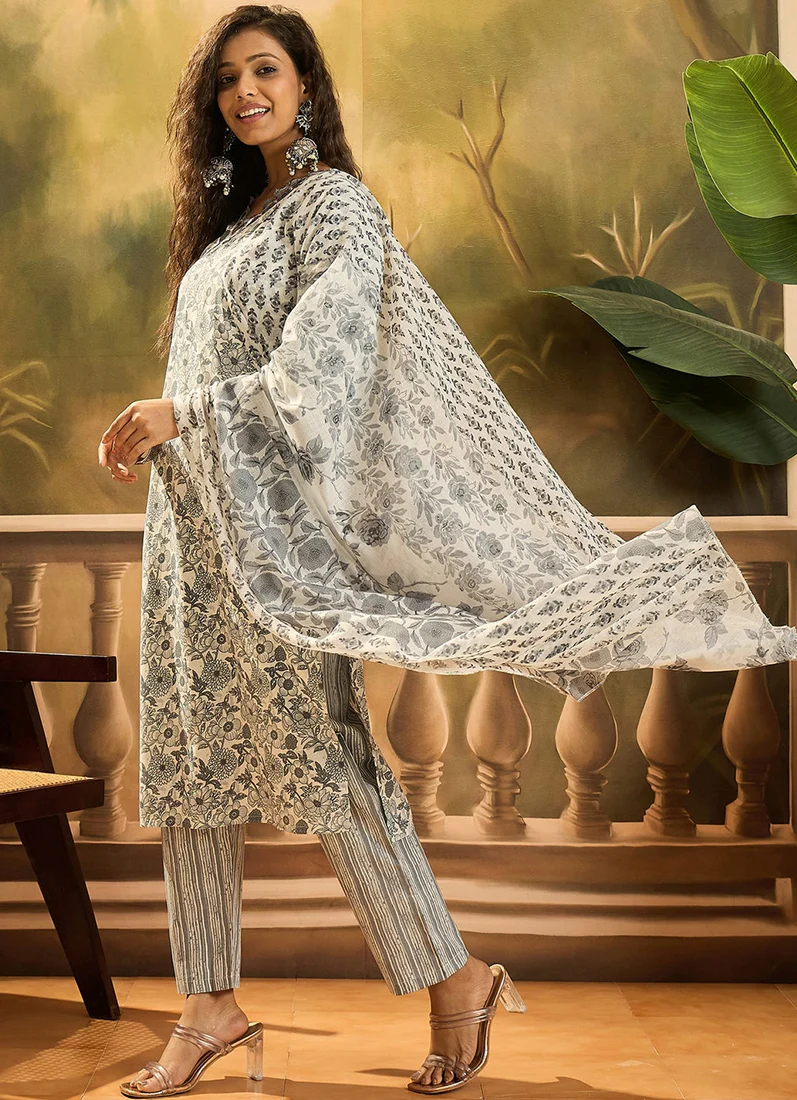 Grey Cotton Straight Cut Printed Suit - Image 2