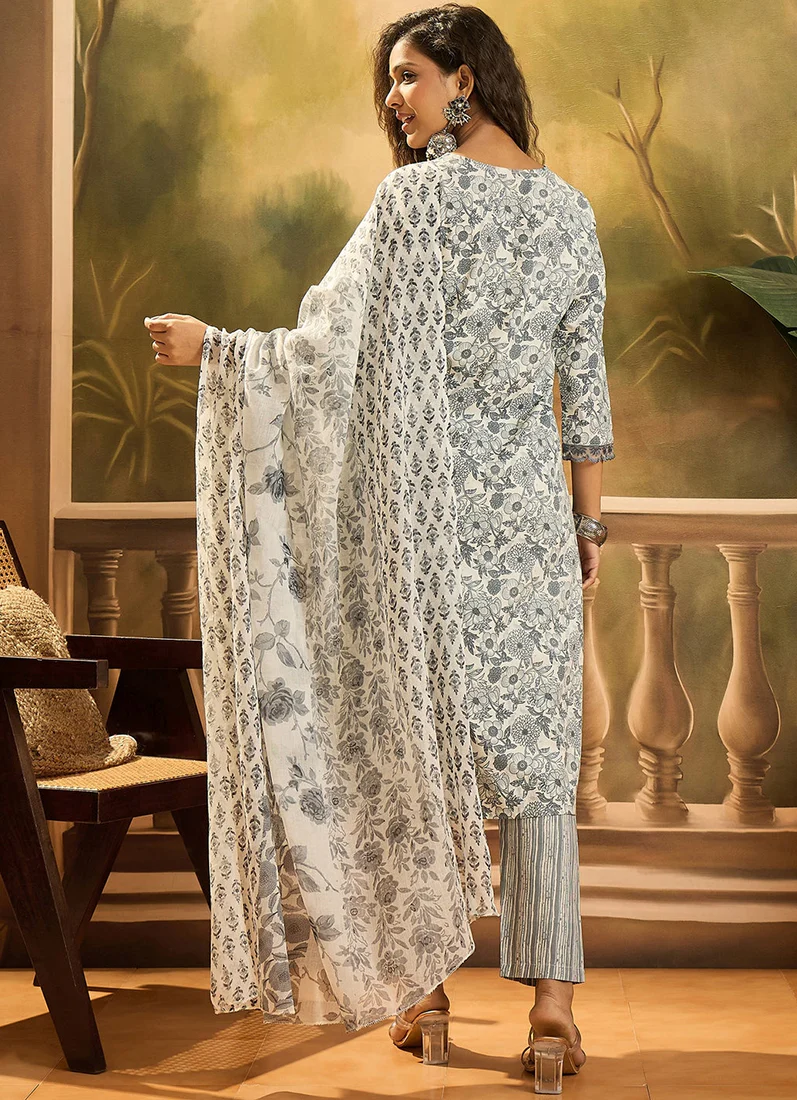 Grey Cotton Straight Cut Printed Suit - Image 3