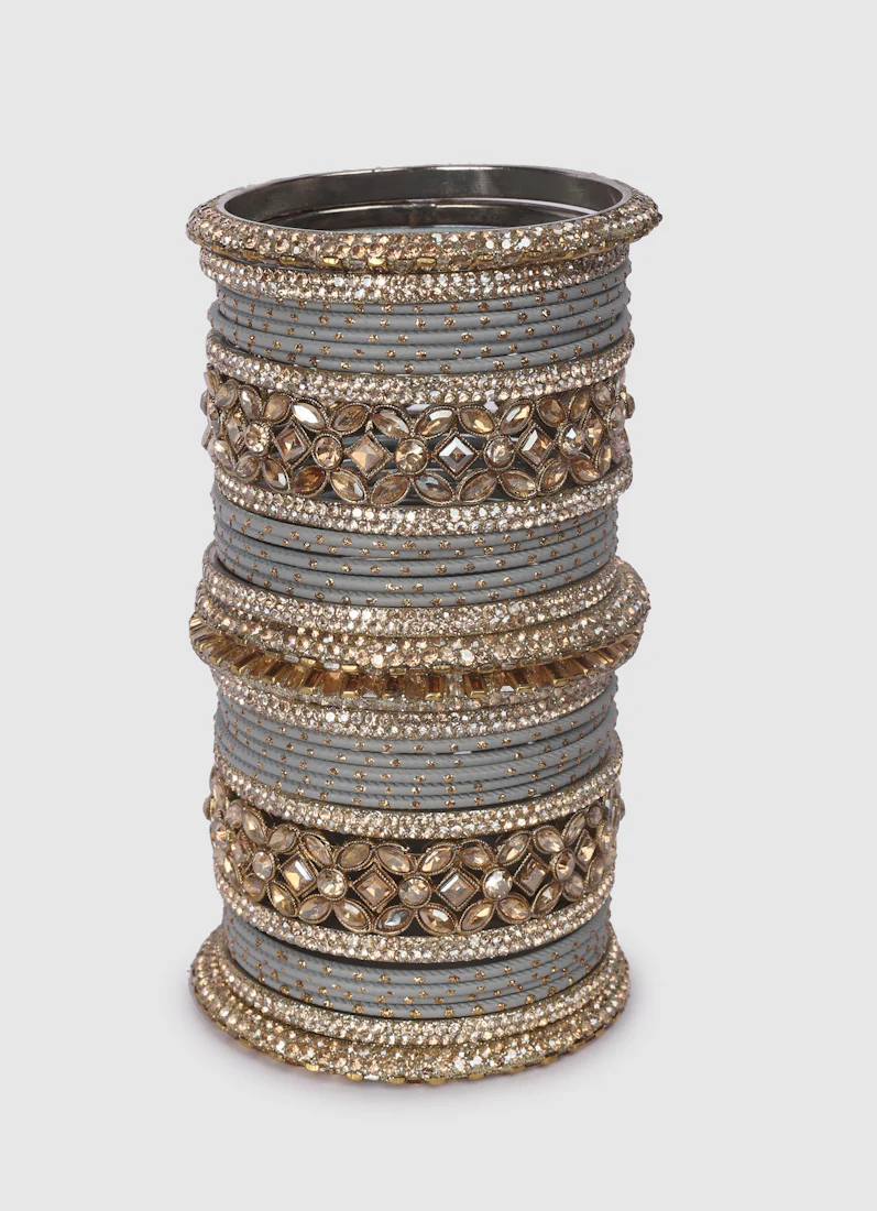 Grey Diamante Kara Double Bangle Set | Wedding Ethnic Jewellery - Image 2