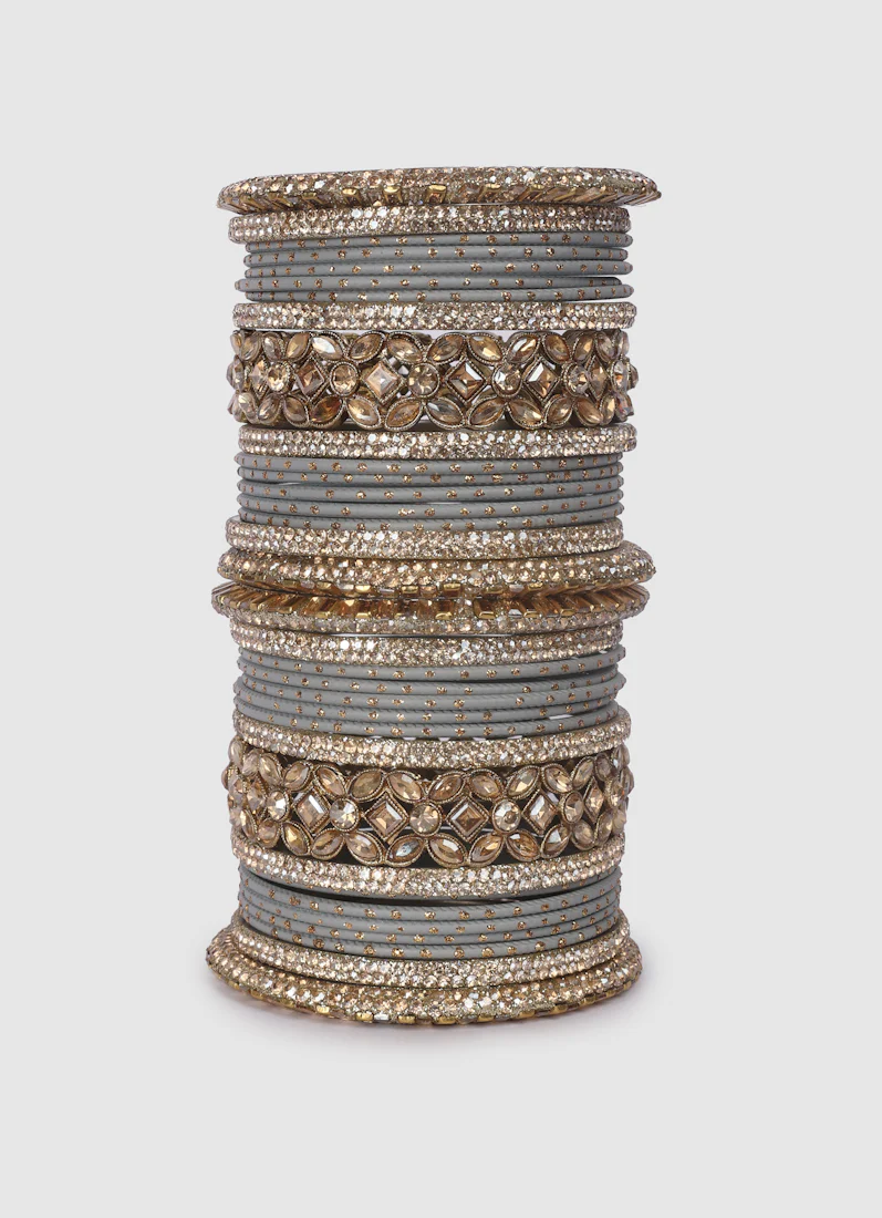 Grey Diamante Kara Double Bangle Set | Wedding Ethnic Jewellery - Image 3