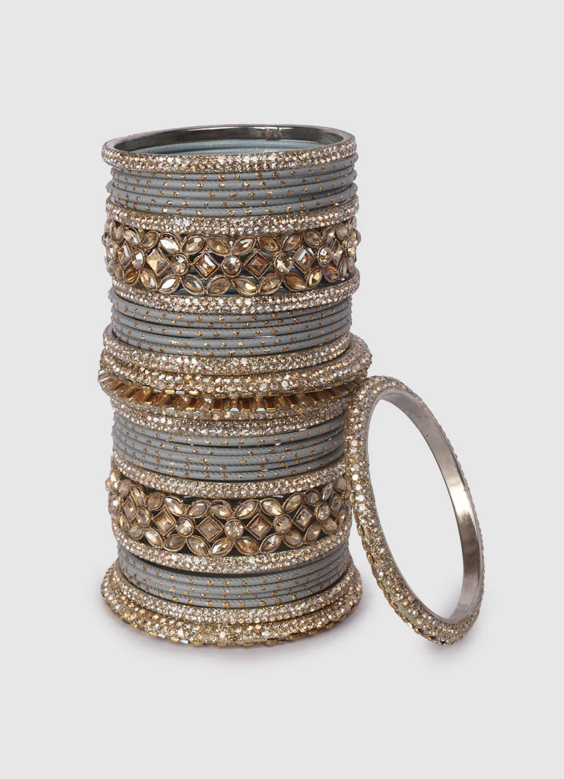 Grey Diamante Kara Double Bangle Set | Wedding Ethnic Jewellery - Image 4
