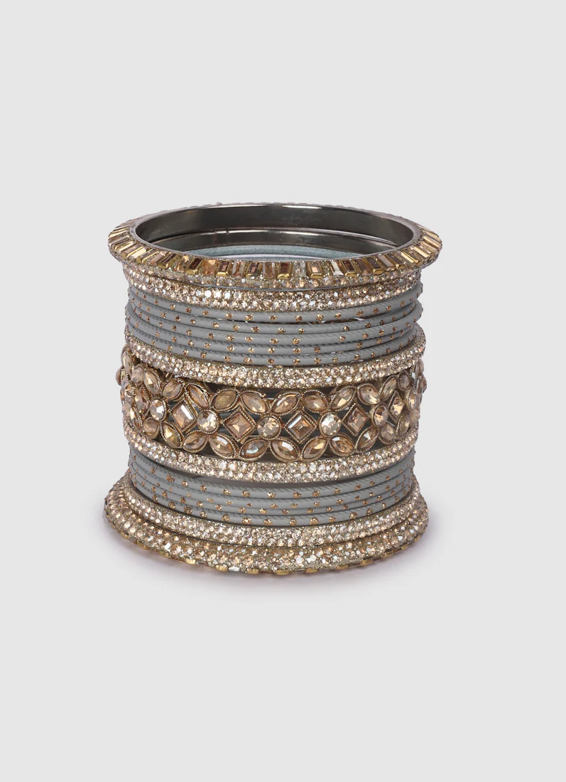 Grey Diamante Kara Double Bangle Set | Wedding Ethnic Jewellery - Image 5