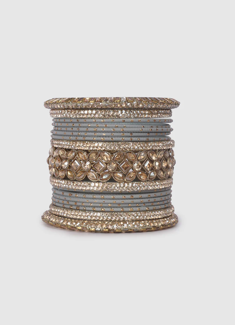 Grey Diamante Kara Double Bangle Set | Wedding Ethnic Jewellery - Image 6