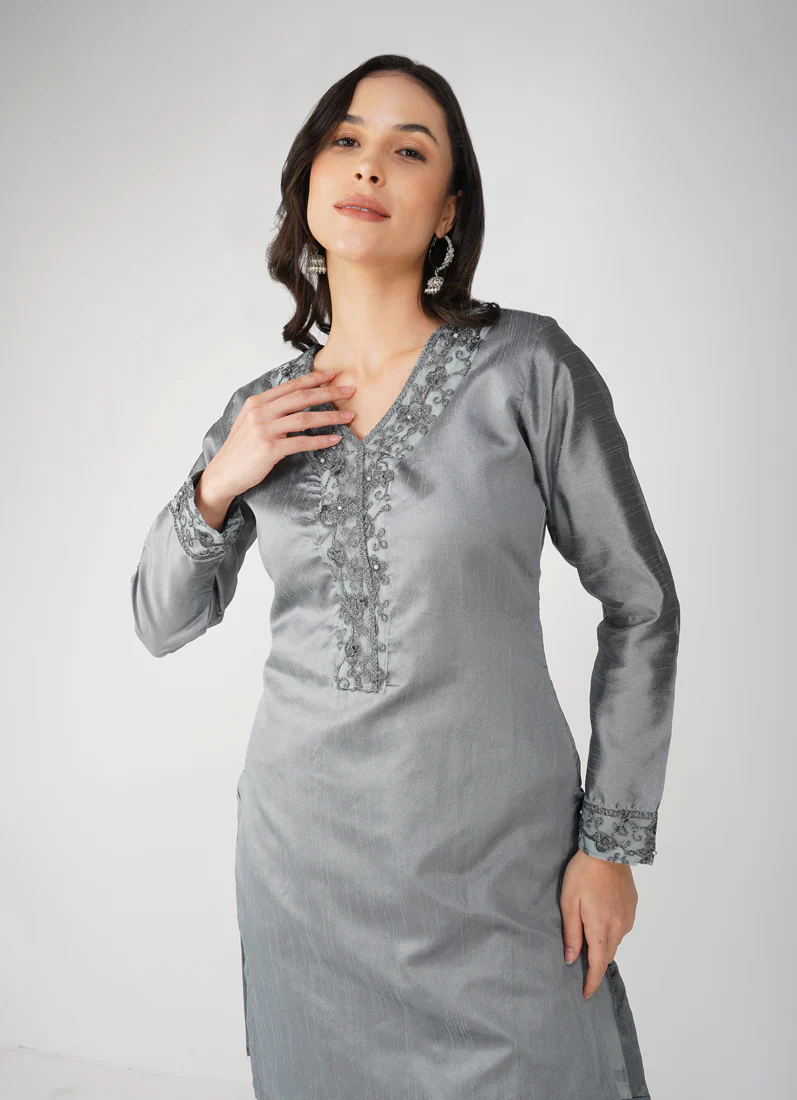Grey Dupion Zari Embroidered Suit Set - Image 2