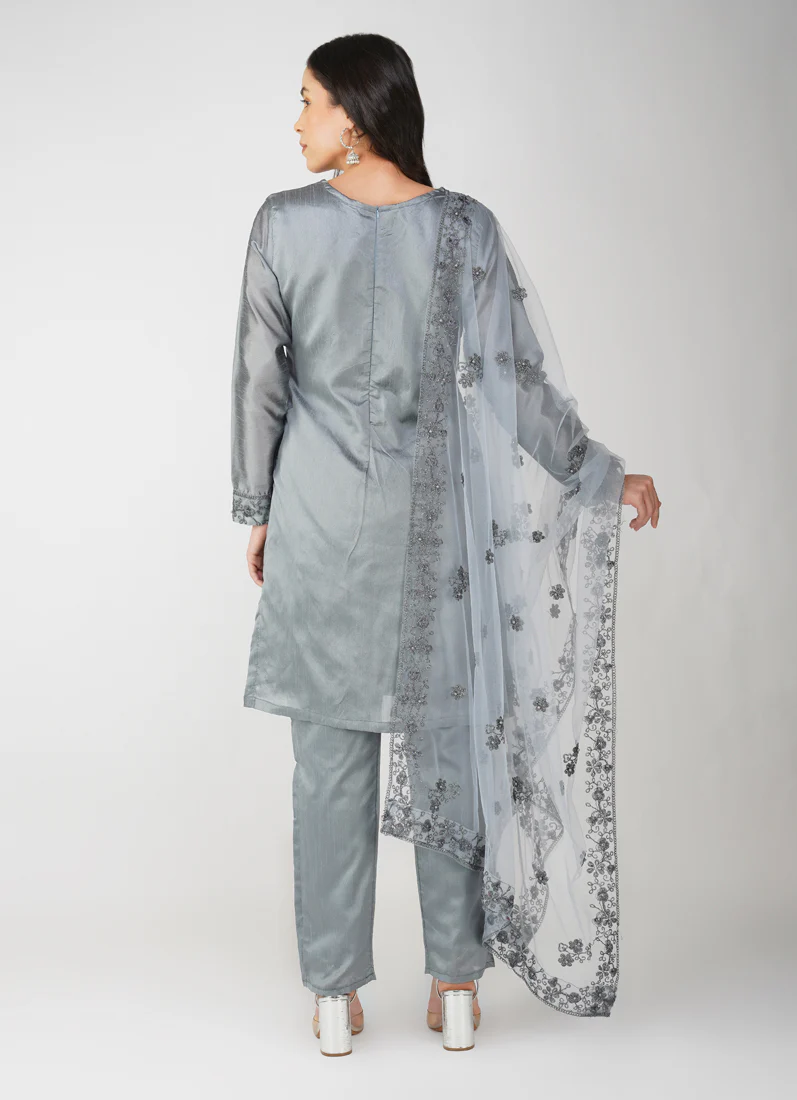 Grey Dupion Zari Embroidered Suit Set - Image 3
