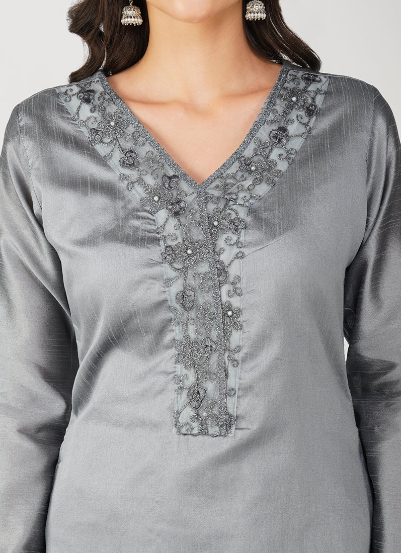 Grey Dupion Zari Embroidered Suit Set - Image 4