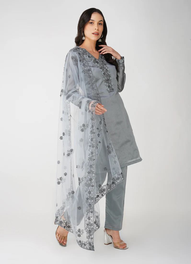 Grey Dupion Zari Embroidered Suit Set - Image 5