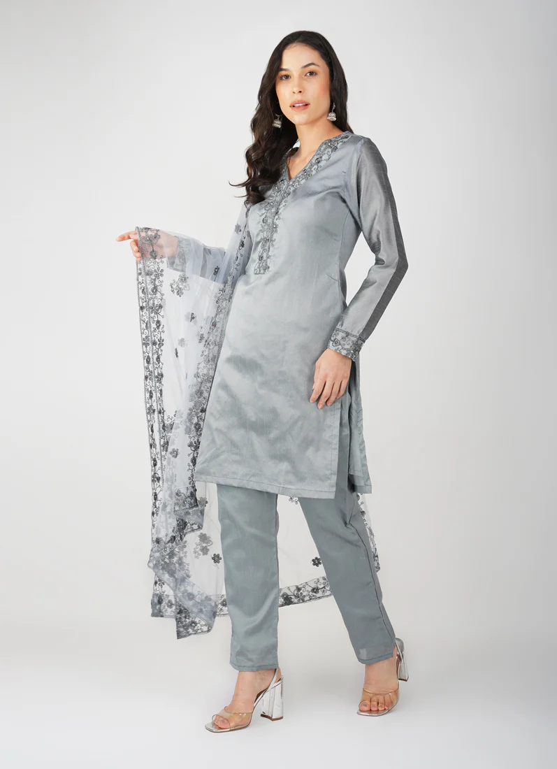 Grey Dupion Zari Embroidered Suit Set - Image 6