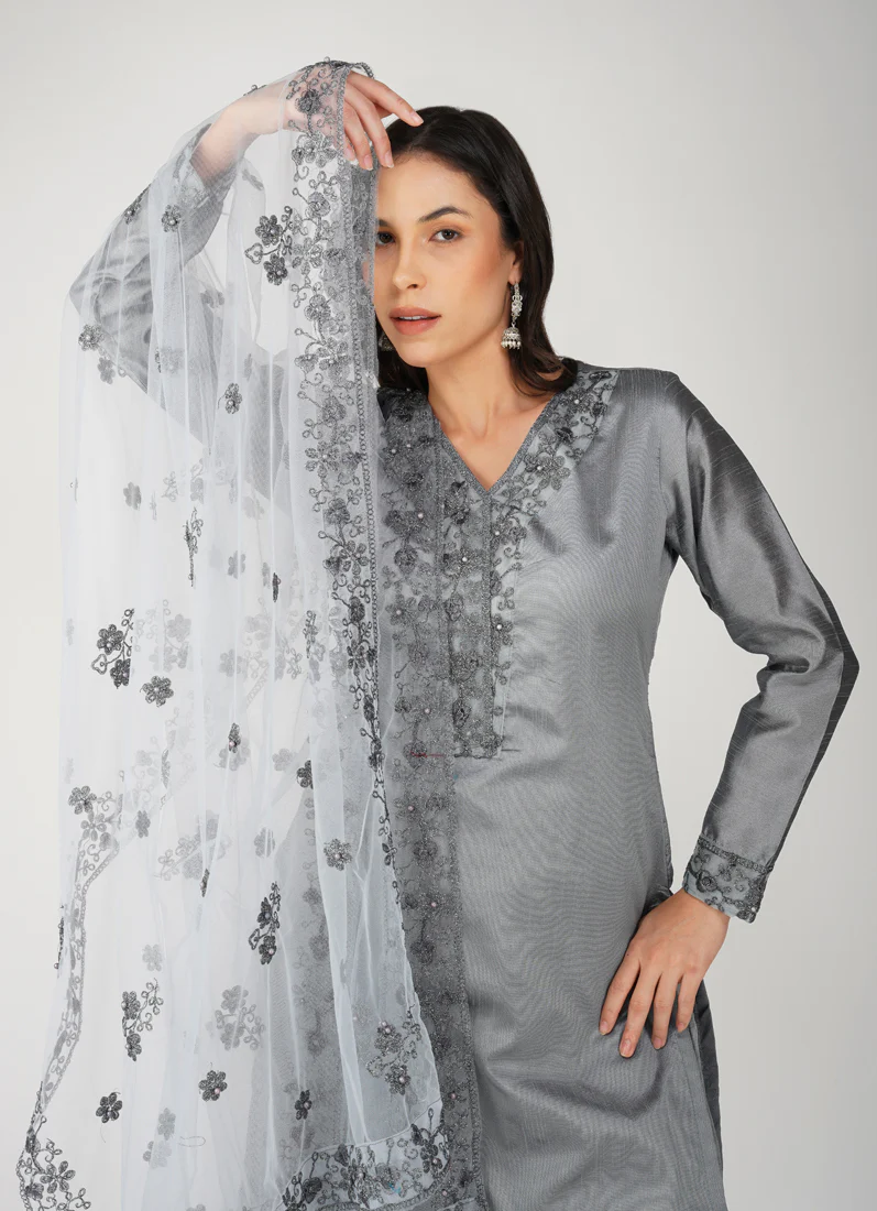 Grey Dupion Zari Embroidered Suit Set - Image 7