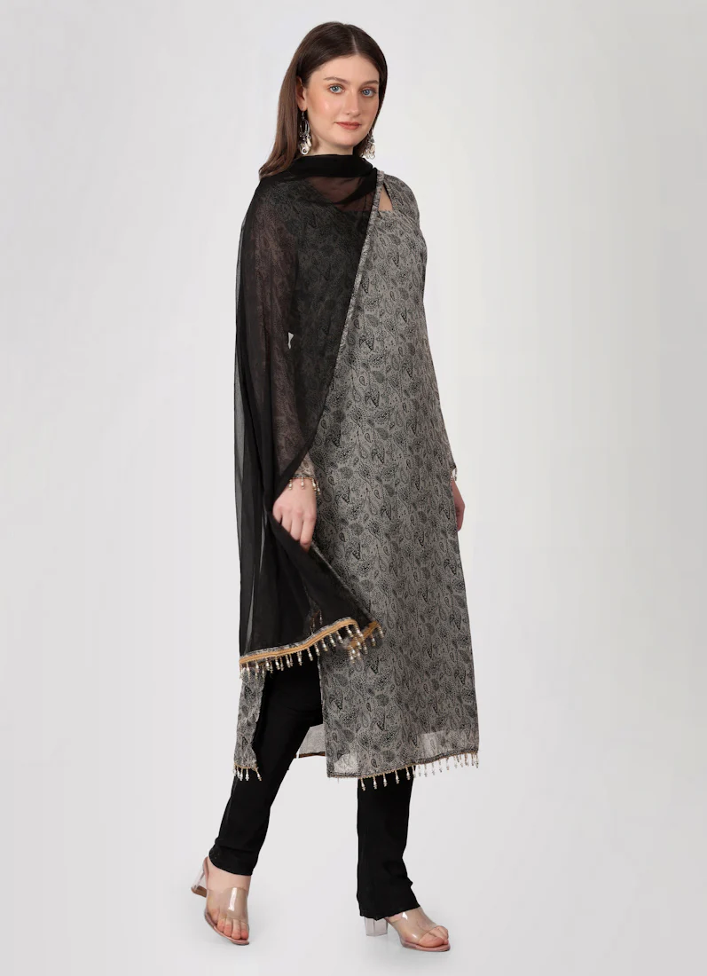 Grey Georgette Printed Straight Cut Suit Set - Image 2