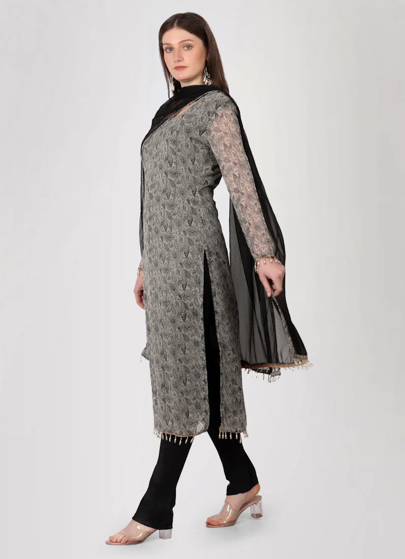 Grey Georgette Printed Straight Cut Suit Set - Image 3