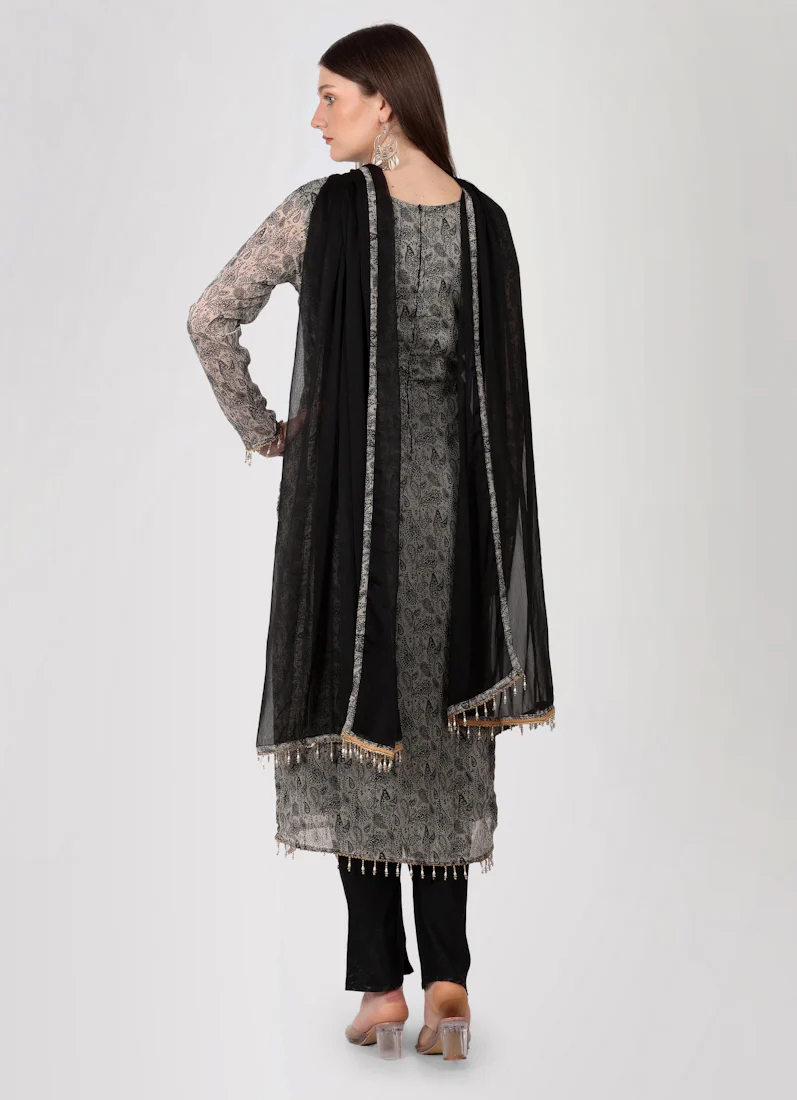 Grey Georgette Printed Straight Cut Suit Set - Image 4